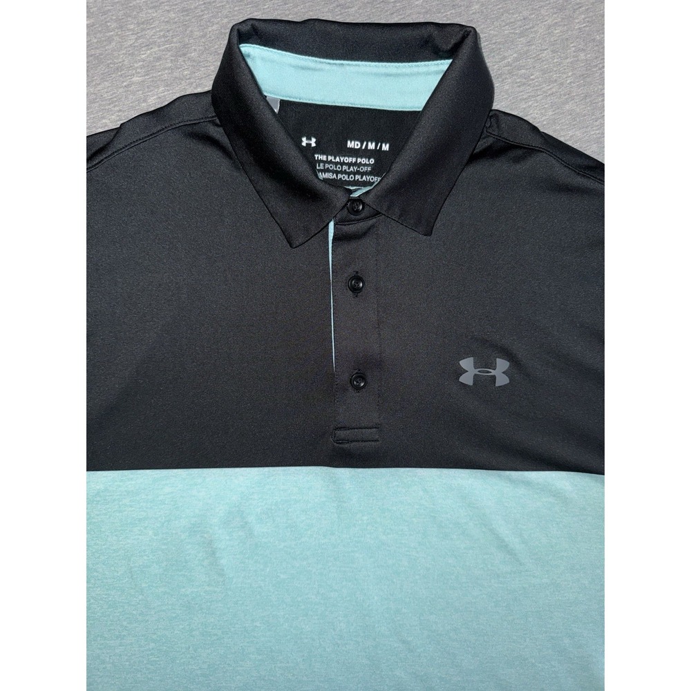 Under Armour Playoff Polo Shirt Black Mint Green White Color Block Men's Medium